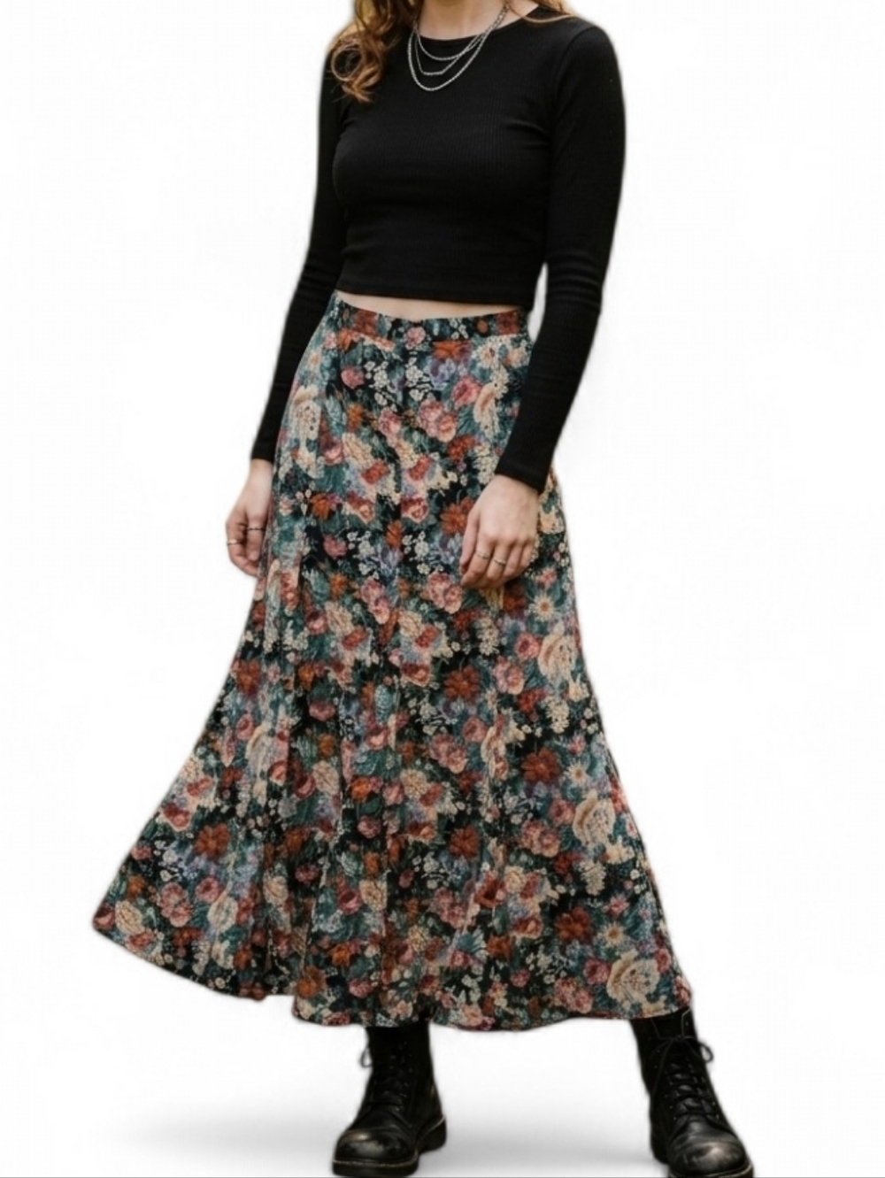 Vintage ZZ Michaels Floral Maxi Skirt Whimsigoth Cottagecore Dark Botanical